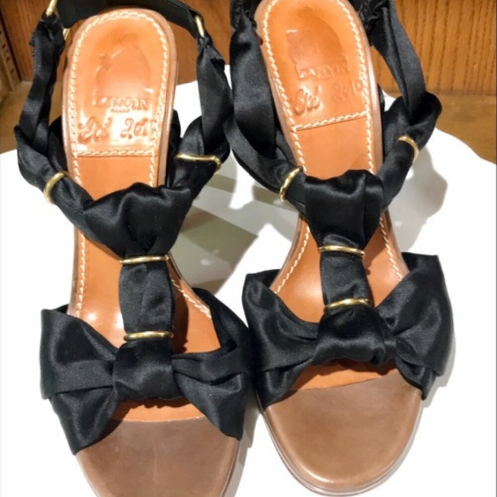 ⭐️HP⭐️LANVIN▪️Eté 2010 Black & Brown Braided Satin & Leather Sandal Heels - Picture 2 of 10